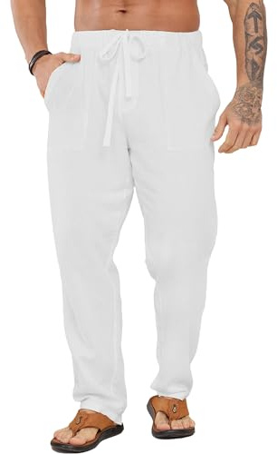 LVCBL Summer Linen Trousers - Men's Hippy Trousers with Elastic Waist & Drawstring - White, 3XL