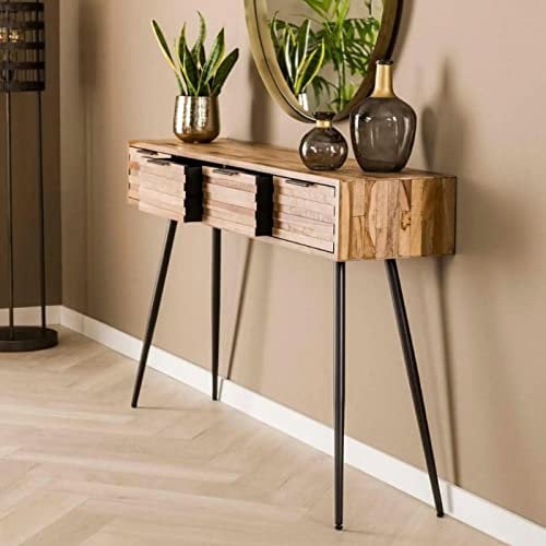 RINGO-Living Massivholz Konsolentisch mit Schubladen, Schminktisch schmal, Hochtisch Büro, Konsolentisch Holz für Wohnzimmer & Schlafzimmer, Sideboard Holz Massiv, Vintage Konsolentisch Industrial