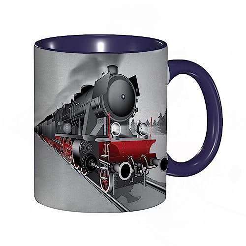 Mug porcelaine fineLocomotive à vapeur rouge train noir sur la voie ferrée en acier voyage aventure graphique.rouge gri |Mug humour pour collègue, amis, copains, frères et soeurs |Mug original avec