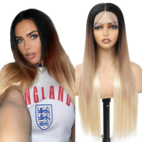 Perruque Femme Naturelle Brésilien Cheveux Synthétiques naturels Blonde Ombre and Noir Brune Perruques Straight Sans Colle Dentelle 28 Pouces FABÉLLE