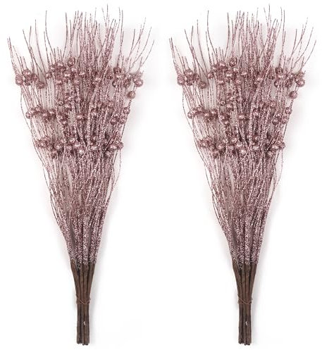 HomeKaren 20 Pack Artificial Christmas Glitter Berries Picks for Trees Rose Gold