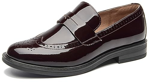 BEAU TODAY Penny Loafers for Women,Women Patent Leather Oxford Loafers,Comfort Slip-on Flat Loafers,Round Toe Longwing Dressy Shoes for Business Work Office Casual Holiday Walk Wine Red US 5.5