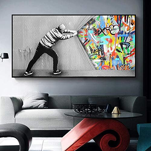 ZAYEN Street Art Banksy Graffiti Wandkunst hinter dem Vorhang Leinwand Gemälde Poster und Drucke Bild für Wohnzimmer Dekor 30 x 60 cm rahmenlos