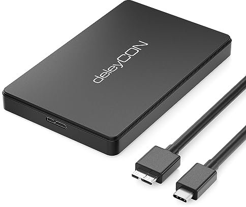 deleyCON USB-C Festplattengehäuse 2,5 Zoll - USB 3.1 Gen 1 Externes Festplatten Gehäuse für 2,5 (6,35 cm) SATA HDD Festplatte / SSD 7 mm & 9 mm - Werkzeugfreie Montage - Schwarz