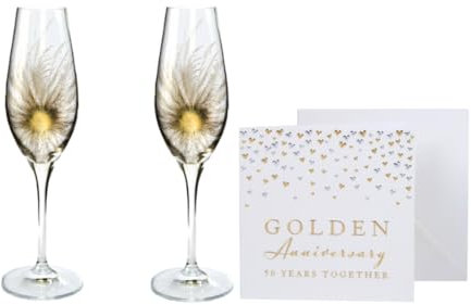 Golden Wedding Set - Fantasia Design Champagne Flute Pair - Mouth Blown/Hand Decorated Glass - Gold - Ideal Golden Anniversary 50th Wedding Gift - 25 cm Plus Gift Card