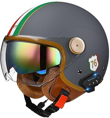 Motorradhelm mit Bluetooth Herren Damen ECE-zertifizierter Motorrad Jethelme Integrierter Bluetooth-Helm mit Anti-Fog-Doppelspiegel Rollerhelm Scooterhelm J,L