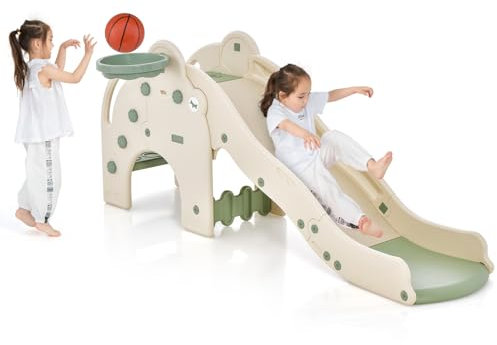 GOPLUS Toboggan Enfant 4 en 1 Forme d'Éléphant avec Panier de Basketball et Ballon, Zone Tampon, Marches Antidérapantes pour Tout-Petits,Bébé 1,5-4 Ans,Charge 50KG(Vert,Elephant)