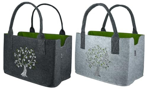 MF Filztasche Lebensbaum Shoppingtasche Tragetasche, Handtasche, Geschenk, Einkaufstasche,Baum Breite 40cm Filz (Dunkelgrau & Hellgrau)