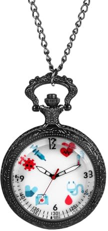 JewelryWe Taschenuhr Damen Krankenschwester Uhr: Schwarz Analog Quarz Krankenschwesteruhr Schwesternuhr Medizinische Muster Zifferblatt Kettenuhr Uhranhänger mit Halskette Kette für Ärtzte Frau Männer