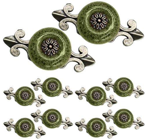 suiwotin 10pcs Ceramic Knobs Green Dresser Knobs with Pattern, Vintage Cabinet Knobs with Antique Bronze Back Plate, Decorative Drawer Knobs Pull Handles for Closet, Cupboard