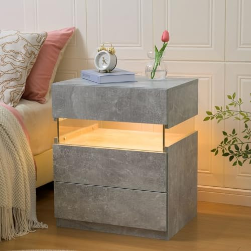 Cubehom Nachttische Nachtkästchen mit LED-Beleuchtung Morden Beistelltisch Ablagetisch Nachtschrank mit 3 Schubladen für Schlafzimmer, Wohnzimmer,Grau