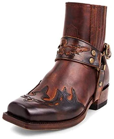 ottspu Cowboy Boots for Men Booties Ankle Cowboy Western Boots Stitched Embroidered Squared Toe Short Chunky Classic,Light Brown,6.5 UK