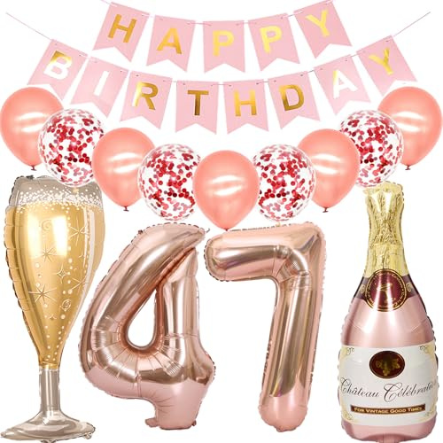 Feelairy Luftballon 47. Geburtstag Deko Frau, Rosegold Folienballon Weinflasche Sektflasche Helium Ballon Champagner Flasche, Girlande Happy Birthday Deko für Geburtstagsdeko 47 Jahre Frauen