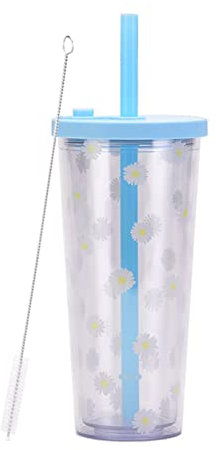 Reusable Cup with Lids and Straws, 24OZ/700ml Smoothie Cups, Iced Coffee Cup, Leakproof Kawaii Cup, Bubble Tea Cup with Reusable Straw, Double Wall Tumbler (Light Blue)