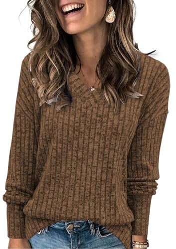 Famulily Ladies Longline Tops V Neck Long Sleeve Tunic Jumpers Women Knitted Pullover Loose Fit (M, Brown)