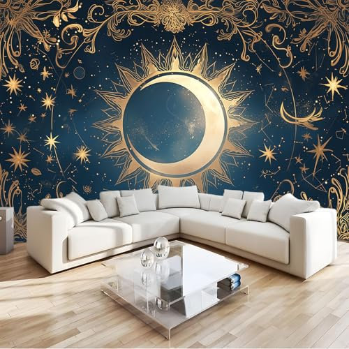 Papier Peint intissé Bohême Lune Soleil 350x256 cm Papier Peint Photo Panoramique, Poster Geant Mural Personnalisé 3D, pour Salon Cuisines Chambre Adulte Enfant Décor Murale