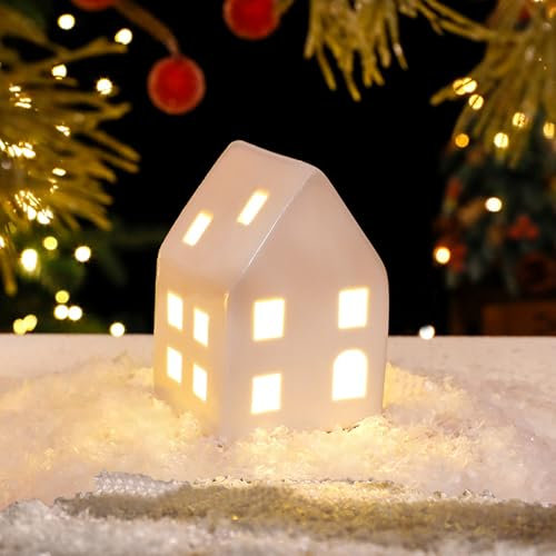 Xevinas Weihnachtsdeko Porzellan Häuser Weiß, Weihnachtshaus Beleuchtet Lichthaus Keramik, Lichthaus Weiss Weihnachtsdorf Mit Batteriebetriebenen LED Leuchten Weihnachten (C)