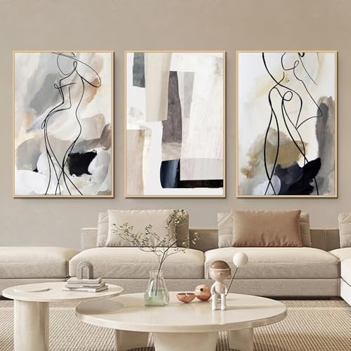 champracer 3-teiliges Poster Set, Moderne Abstrakte FigurenlinieKunst Wandbilder, Beige-grau Wohnzimmer Schlafzimmer Wanddeko Boho Deko, Ohne Rahmen Kunstdruck Leinwandbild (21x30 cm,Beige-grau)
