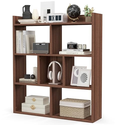 SFAREST 7-Cube Open Bookshelf, Wooden Bookcase Storage Unit with 2 Anti-Toppling Kits, Freestanding Book Shelf Display Shelving Unit for Living Room Study Bedroom Office (Walnut)