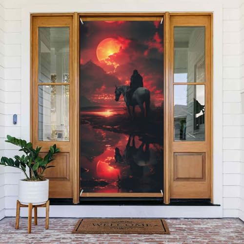 Lone Rider Under Red Sky - Cubiertas decorativas para puerta, decoración de pancarta para interiores y exteriores, primavera, verano, otoño, invierno, Halloween, Navidad