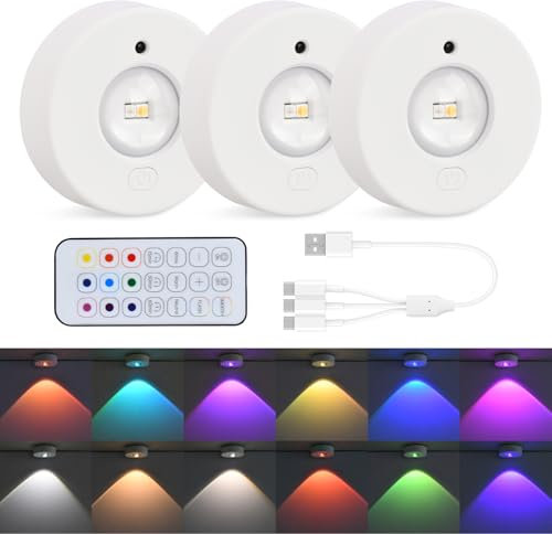 Mapille 3 piezas Luz Armario, Regulables Luces de Colores para Vitrinas Estanterías, Foco LED Recargable, Luce da Armadio RGB, LED Nocturna, Magnético Luz de Cocina para Alacenas Vitrinas