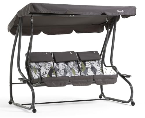 Dondolo reclinabile da giardino 3 Posti con funzione letto e tettuccio regolabile, cuscini imbottiti 7 cm con poggiatesta rimovibili e struttura in acciaio verniciato Mizar (Grigio Matrix)