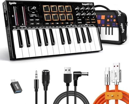 Synido 25 Tasten USB MIDI Keyboard Controller mit 8 Drum Pads, Professionelle Mini Midi Keyboard mit OLED Bildschirm, Beat Maker Maschine für Musikproduktion, Schwarz, TempoKey K25