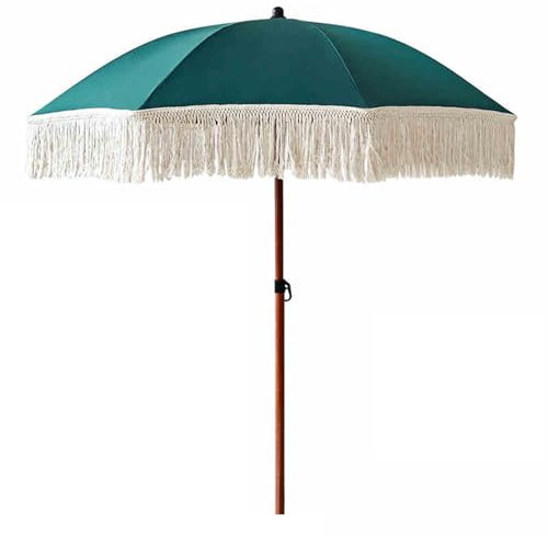 180cm/5.9ft Beach Umbrellas With Fringe, Patio Parasol With Tassels Outdoor Portable Garden Parasol UPF 50+ Wood Pole & 8 Sturdy Ribs
