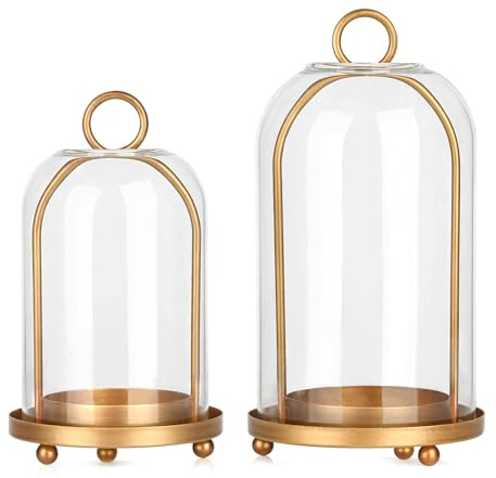 Vintage Brass Metal Candle Lantern with Thick Glass Dome – Set of 2 Shabby Chic Style Candle Holders (5.25x10 & 4.5x7.87) – Hanging or Tabletop Decor for Pillar Candles, Plants