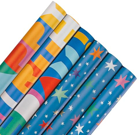 Hallmark 12M Wrapping Paper, Roll Wrap, Pack of 6, 2 Designs, 'Happy Birthday' Text & Stars, 2M Each