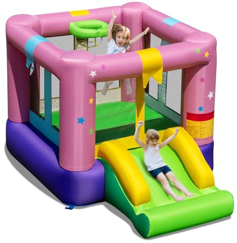 GOPLUS Château Gonflable Interieur Exterieur avec Zone de Saut, Toboggan, Jeu de Basket, Petit château Gonflable Enfants avec 2 Garçons Filles 3-12 Ans, Charge 90 KG (Cadeau, sans Souffleur)