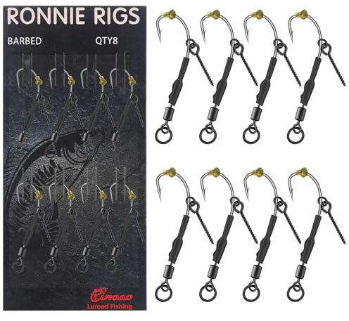 Luroad 8 Stück Set Ronnie Rigs mit Schraube – Gebogene Haken mit Widerhaken, Teflonbeschichtet für Karpfenangeln mit Haar-Rigs
