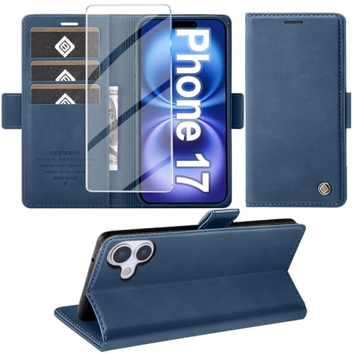 Giyer Handyhülle für iPhone 17 Hülle mit Schutzfolie, Standfunktion Kartenfach Wallet Premium Leder Schutzhülle für iPhone 17 5G 6.3 Zoll Flip Case Cover Stoßfeste Klapphülle (Blau)