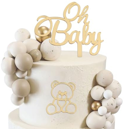 Kinretixia 2 Piece Oh Baby Cake Topper Golden Bear Baby Cake Decoration, Acrylic Baby Party Decoration, Girl Boy Cake Topper, Baby Shower Cake Decoration