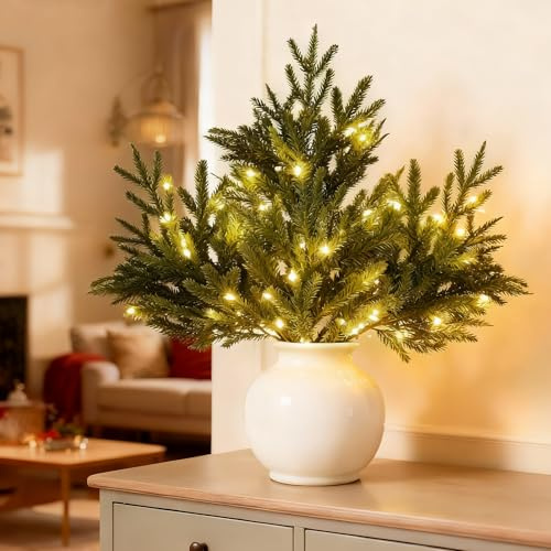 Wsndyjia 4pcs Pre Lit Pine Stems, Pines Stems and Light Up Branches, Norfolk Pine Stems Christmas Branches Lit Birch Stems Vase Fillers Garland for DIY Wreaths Indoor Outdoor Decor
