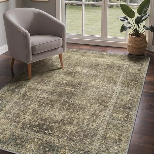 GENIMO Teppich Wohnzimmer 120X170 cm Waschbar Vintage Sandbraun | Boho Vintage Orientalischer Teppiche, Kurzflor Wohnzimmerteppich, Rutschfest Carpet, Groß für Schlafzimmer, Esszimmer, Büro