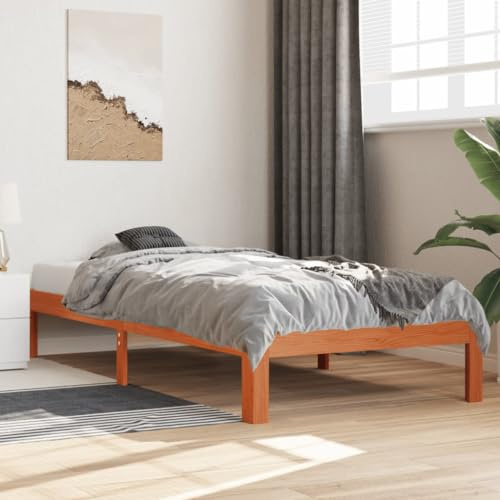 kithwjll Massivholzbett Kiefernholz, Wachsbraun 100x200 cm, Stabiler Bettrahmen mit Sperrholzlatten, Einzelbett ohne Matratze für Schlafzimmer, modern