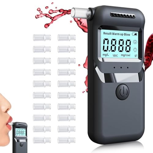 Alkoholtester Polizeigenau & Tragbar – Professioneller Promillemessgerät mit 20 Mundstücken, Präziser Alkomat für Zu Hause, Partys & Unterwegs