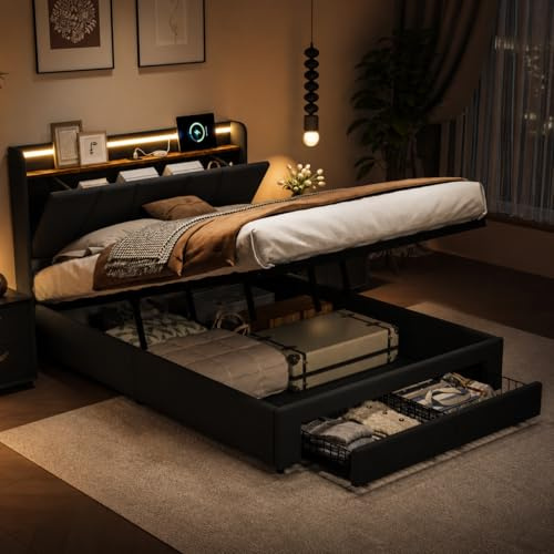 HYNHXBP Lit Coffre 140x190 avec Sommier avec 2 Tiroirs, Lit Double en Lin Gris Foncé avec LED RGB, Tête de Lit avec Rangement et Charge USB/USB-C, Coffre Hydraulique et 2 Tiroirs, sans Matelas