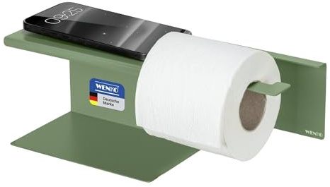 WENKO Turbo-Loc Toilettenpapierhalter mit Ablage Mod. Lizan, aus Stahl, selbstklebend, Starke Haftung, Wandmontage ohne Bohren, WC-Papierhalter mit Ersatzrollenhalter, grün matt