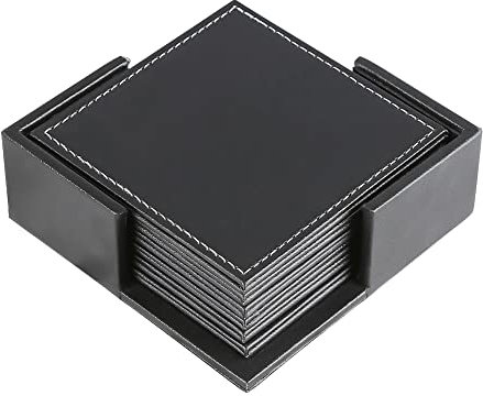 KINGFOM Zuhause & Büro Leder Untersetzer mit Halter, 6-er Set Geschäftsuntersetzer für Tee und Kaffee Cup (Schwarz)