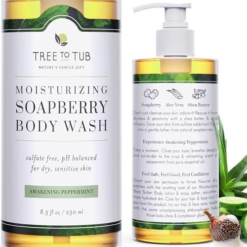 Tree To Tub Peppermint Body Wash for Sensitive Skin & Dry Skin - pH Balanced Moisturizing Body Wash, Hydrating Sulfate Free Vegan Body Soap for Women & Men w/Organic Shea Butter, Natural Aloe Vera