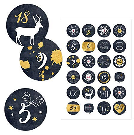 24 Adventskalenderzahlen SCHWARZGOLD, Adventskalender Zahlen Aufkleber, (gold = simuliert),Tiere, schwarz, Männer, Adventszeit,