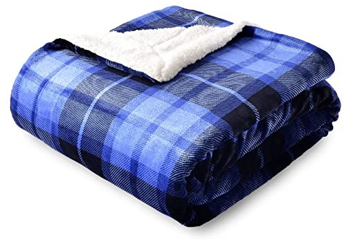 SOCHOW Sherpa Plaid Fleece Throw Blanket, Double-Sided Super Soft Luxurious Bedding Blanket 127cm×150cm, Blue