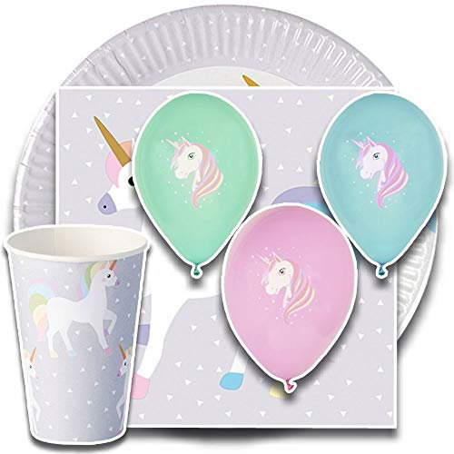 tradingbay24 Party-Set Einhorn (66-teilig: Servietten, Teller, Becher, Luftballons) tbK0017 Unicorn Einweg-Party-Set Party-Deko-Set für Mädchen