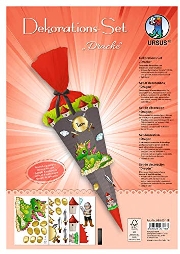 Ursus 9880014F - Dekorationsset Drache, 4 Bogen Bastelkarton DIN A4, beidseitig Bedruckt, vorgestanzt, genutet, teilweise beglittert oder veredelt, mit Satinband, Set zum Dekorieren Einer Schultüte