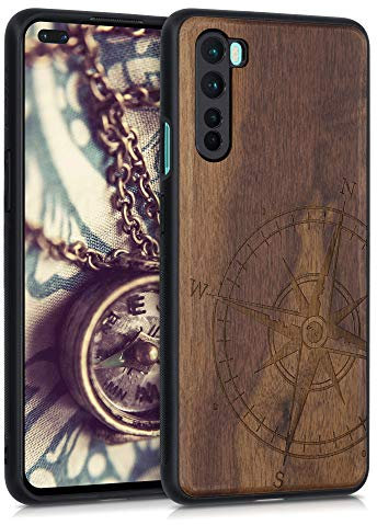 kwmobile Hülle kompatibel mit OnePlus Nord Hülle - Holz Case - Handy Cover - TPU Handyhülle in Dunkelbraun Kompass Vintage