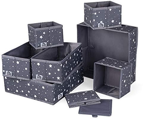 Anstore Underwear Organiser, Set of 8 Drawer Organiser for Storage, Foldable Fabric Wardrobe Dividers, Star Pattern Storage Box Closet Dividers Storage Cubes for Underwear,Socks,Ties,Scarves (Grey)