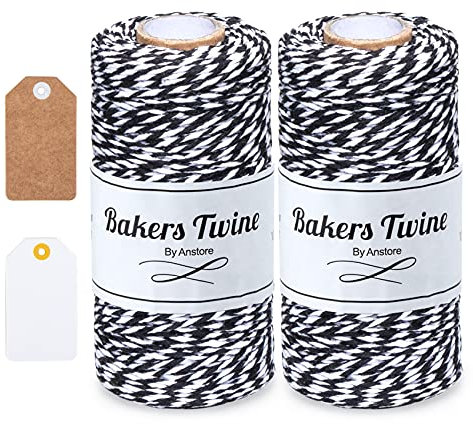 Anstore Cuerda blanca y negra, 200 m, hilo de algodón para panadería, cuerda duradera para hornear, jardinería, carnicería, manualidades, envoltura de regalos