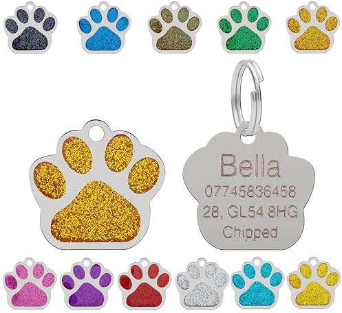 Personalised Engraved Pet Tag for Pets | Vibrant Paw Print Shape Glitter Stainless Steel ID Tags for Dog & Cat | Anti-Lost for Puppy, Kitten Etc | 27mm Wide (Orange)